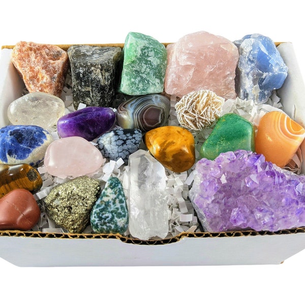 21 pcs Beginner Crystal Kit-Raw Crystal Set-Healing Crystal Set-Crystal Discovery Set-Amethyst Cluster-Bulk Crystals-Rose Quartz-Amethyst