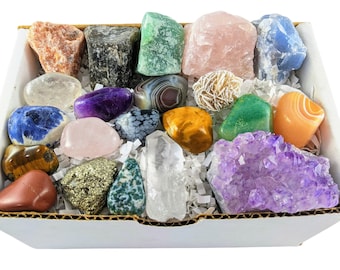 21 pcs Beginner Crystal Kit-Raw Crystal Set-Healing Crystal Set-Crystal Discovery Set-Amethyst Cluster-Bulk Crystals-Rose Quartz-Amethyst