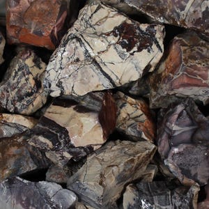 May include: A collection of raw, uncut stones in various sizes and shapes. The stones display a mix of colors, including shades of brown, cream, black, and gray. Some stones have intricate patterns and veining, while others are more solid in color.