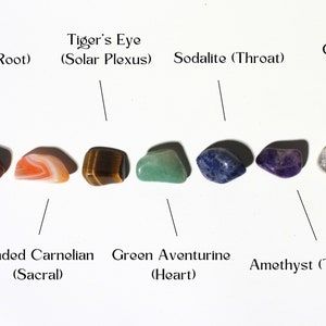 May include: Seven different colored gemstones arranged in a row, representing the seven chakras. From left to right: red jasper, banded carnelian, tiger's eye, green aventurine, sodalite, amethyst, and clear quartz.
