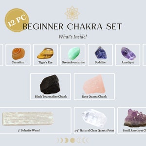 May include: A set of 12 chakra crystals, including red jasper, carnelian, tiger's eye, green aventurine, sodalite, amethyst, clear quartz, black tourmaline chunk, rose quartz chunk, 3-inch selenite wand, 2-3 inch clear quartz point, and a small amethyst cluster.