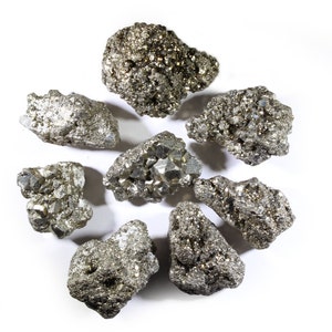 May include: A collection of eight raw pyrite crystals, also known as fool's gold, in various shapes and sizes. The crystals are a silvery-gold color and have a rough, textured surface.