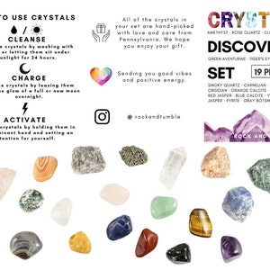 May include: A set of 19 crystals in a variety of colors and shapes, including amethyst, rose quartz, clear quartz, green aventurine, tiger's eye, sodalite, smoky quartz, carnelian, snowflake obsidian, orange calcite, tree agate, red jasper, blue calcite, yellow jasper, pyrite, and gray botswana agate. The crystals are arranged in a circle on a white background. The text "CRYSTAL DISCOVERY SET 19 PIECES" is printed on a purple background with the words "ROCK AND TUMBLE" below.