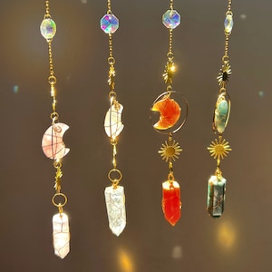 Crystal Sun Catcher/Moon Catcher, Hanging Sun Catcher Crystals, Solar Eclipse, Boho Decor, Wire Wrap Pendants, Rainbow Maker, Gold Plated