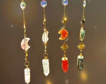 Crystal Sun Catcher/Moon Catcher, Hanging Sun Catcher Crystals, Solar Eclipse, Boho Decor, Wire Wrap Pendants, Rainbow Maker, Gold Plated