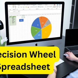 Może przedstawiać: Ekran komputera wyświetlający arkusz kalkulacyjny z wykresem kołowym zatytułowanym "Decision Wheel Spreadsheet". Wykres pokazuje procent czasu poświęconego na różne czynności, w tym "Sen", "Jedzenie", "Praca", "Laptop" i "Telewizja".