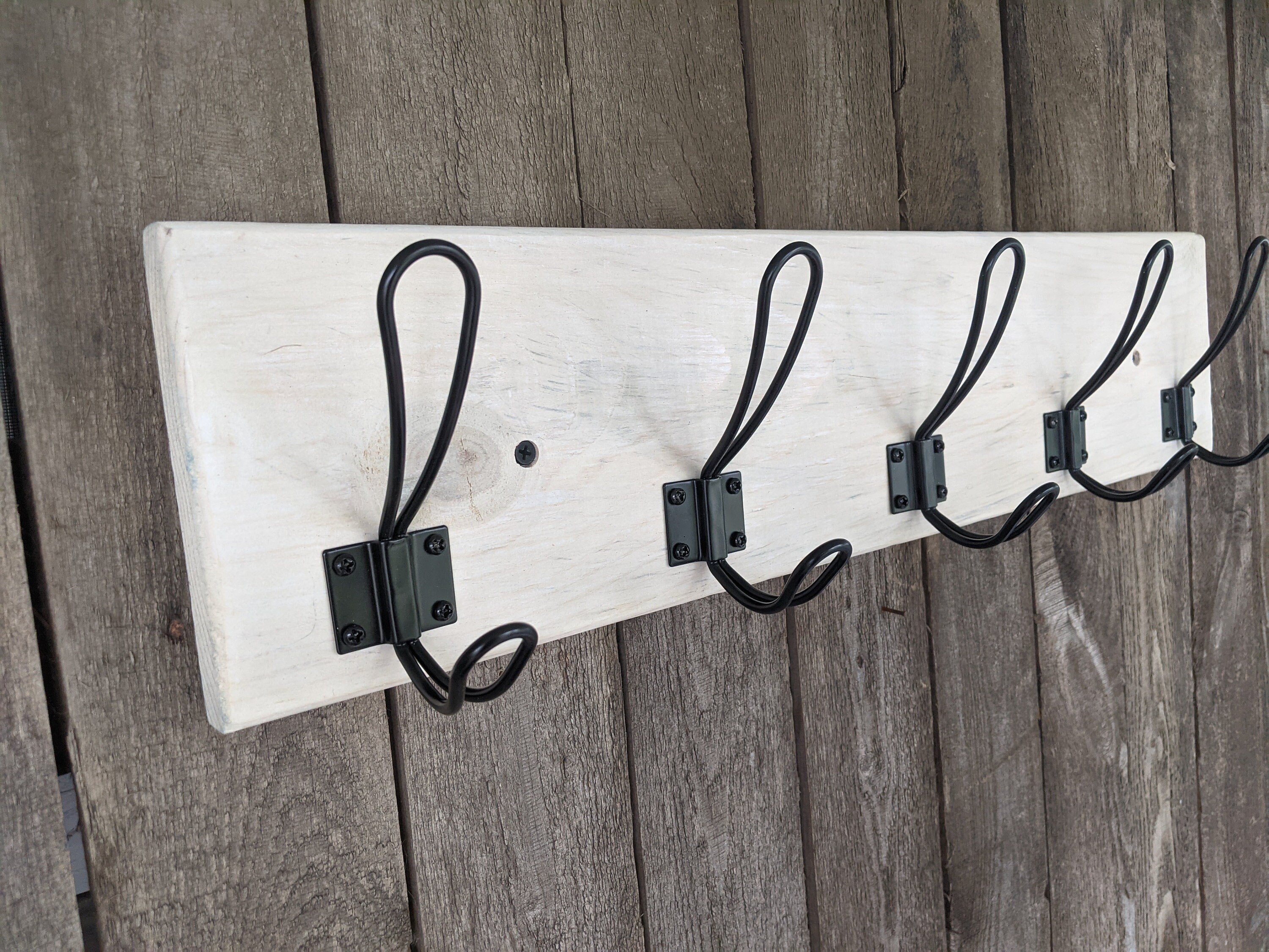 White Washed Pine Wall Mounted Coat Rack 5 Black Hooks Etsy