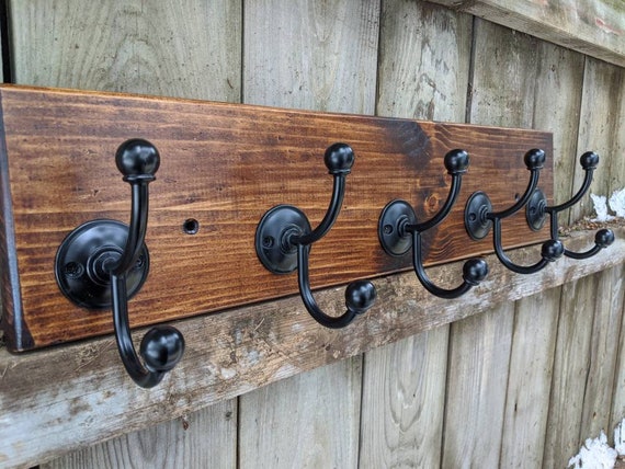 Espresso Bean Pine Wall Mounted Coat Rack 5 Black Hooks 24 X 5.5