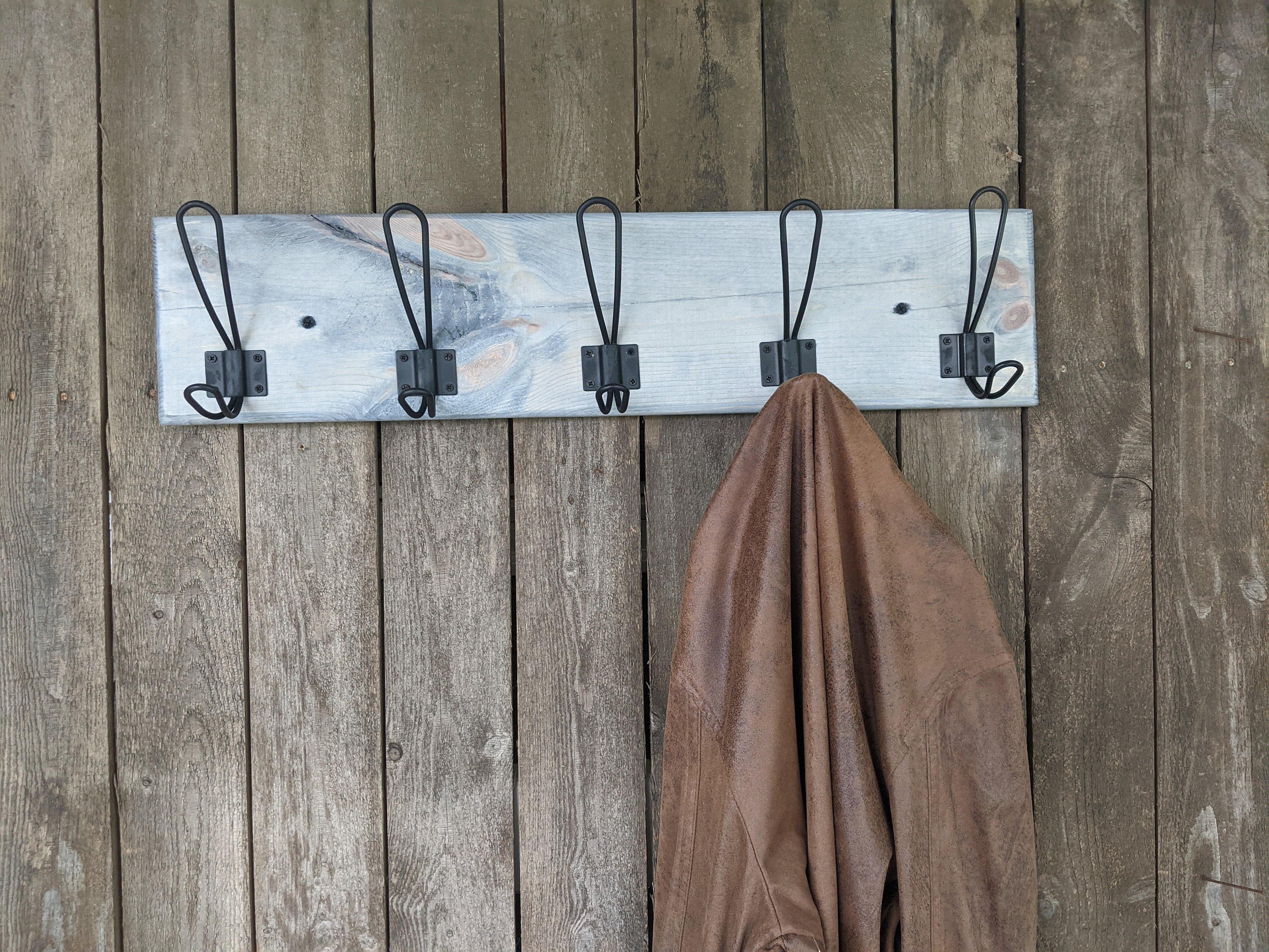 Gray Washed Pine Wall Mounted Coat Rack 5 Black Wire Loop Etsy