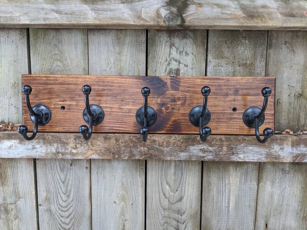 Espresso Bean Pine Wall Mounted Coat Rack 5 Black Hooks Etsy