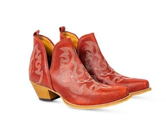 Maisie Stitched Leather Boots in Red, Red Booties, Western Boots, Fashion Boots, Women's