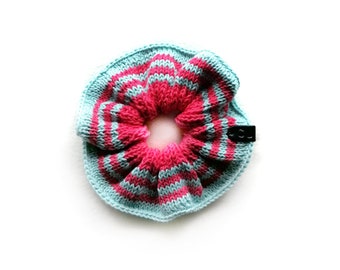 Handmade | Woman | Aqua Blue and Coral Stripes Knit Summer Scrunchie for Women, by Coastland Streetwear