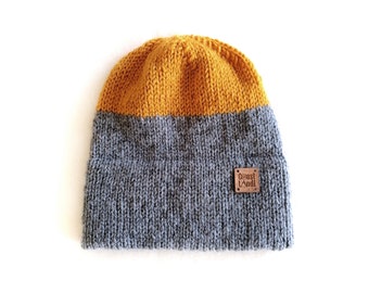 Handmade | Woman | Gray and Yellow Winter Hand Knit Beanie for Women, by Coastland Streetwear