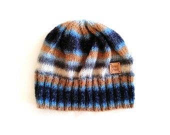 Handmade | Man | Blue and Beige Men Knit Beanie Hat, by Coastland Streetwear