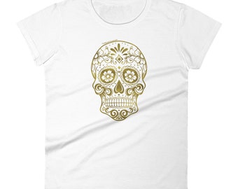 Woman | Gold Skull Short Sleeve White T-shirt, Women's Yoga Fitness White Shirt, Workout T-Shirt