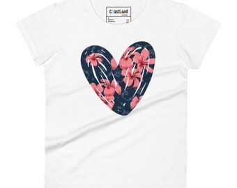 Vrouw | Wit T-shirt met hart en korte mouwen, wit yoga-fitnessshirt voor dames, T-shirt met bloemen