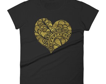 Vrouw | Gouden hart zwart T-shirt met korte mouwen, dames yoga fitness zwart shirt, workout T-shirt