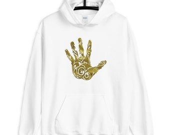 Woman | Gold Mandala Hand White Hoodie, Women Sweatshirt