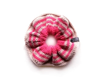 Handmade | Woman | Coral and Beige Stripes Knit Summer Scrunchie for Women, by Coastland Streetwear