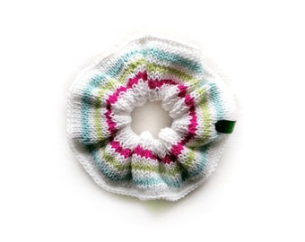 Handmade | Woman | Blue, Green, Pink and White Stripes Knit Summer Scrunchie for Women, by Coastland Streetwear