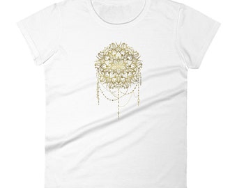 Vrouw | Gouden Mandala wit T-shirt met korte mouwen, dames yoga fitness wit shirt, workout T-shirt