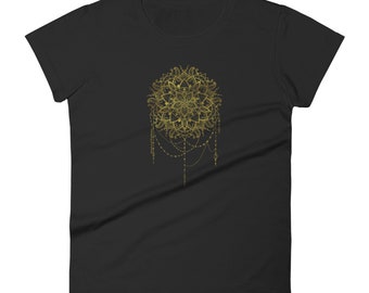 Vrouw | Gouden Mandala zwart T-shirt met korte mouwen, dames yoga fitness zwart shirt, workout T-shirt