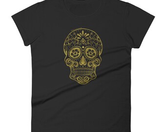 Woman | Gold Skull Short Sleeve Black T-shirt, Women's Yoga Fitness Black Shirt, Workout T-Shirt