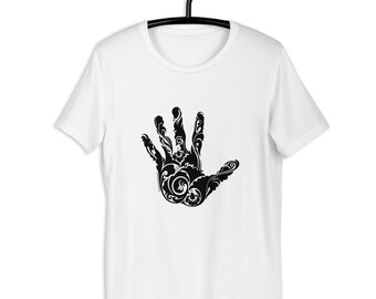 Man | Black Mandala Hand T-Shirt, Men's White Short Sleeves Shirt, Designer Unisex Lifestyle Shirt