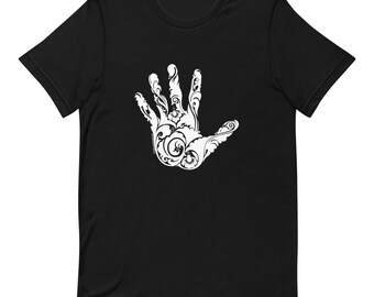 Mens | Wit Mandala Hand T-shirt, zwart herenshirt met korte mouwen, designer unisex lifestyle shirt