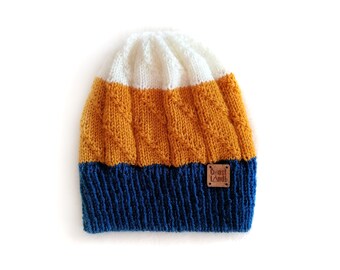 Handmade | Woman | Blue, Mustard and White Knitted Women Beanie Cap, by Coastland Streetwear