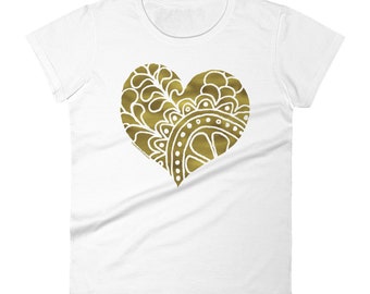 Vrouw | Gouden hart wit T-shirt met korte mouwen, dames yoga fitness wit shirt, workout T-shirt