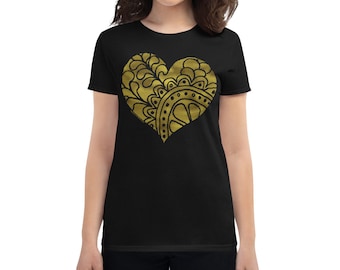 Woman | Gold Heart Short Sleeve Black T-shirt, Women's Yoga Fitness Black Shirt, Workout T-Shirt