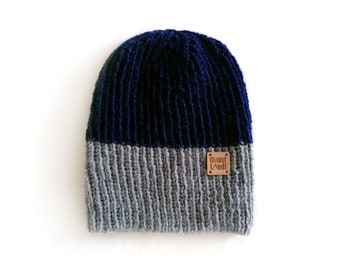 Handmade | Man | Gray and Blue Knitted Men Beanie Hat, by Coastland Streetwear