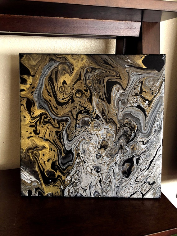 photo Black Gold And Silver Painting gold silver black acrylic painting on canvas fluid pour art etsy