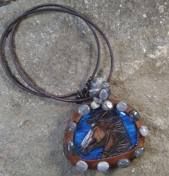 Artist original native horse art pendant necklace | western leather and labradorite pendant | southwestern horse art jewelry | ready to ship