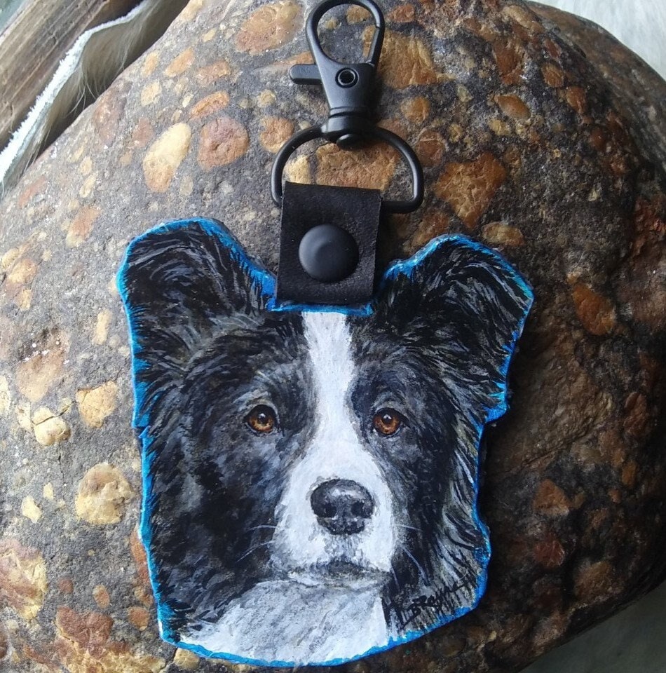 Artist original, painted leather charm, Border Collie Dog, tooled  leather tag, Dog charm, working dogs, leather keychains