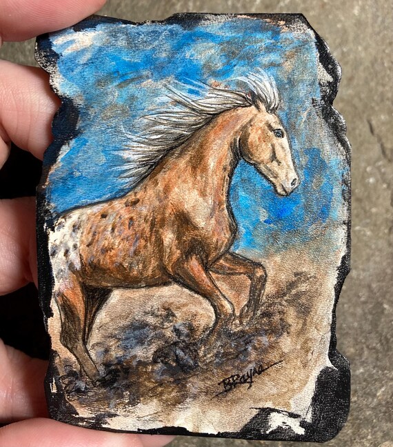Painted horse fine art leather playing card western hat embellishment | Cowgirl horse keychain | Western leather bag charm | Equestrian art