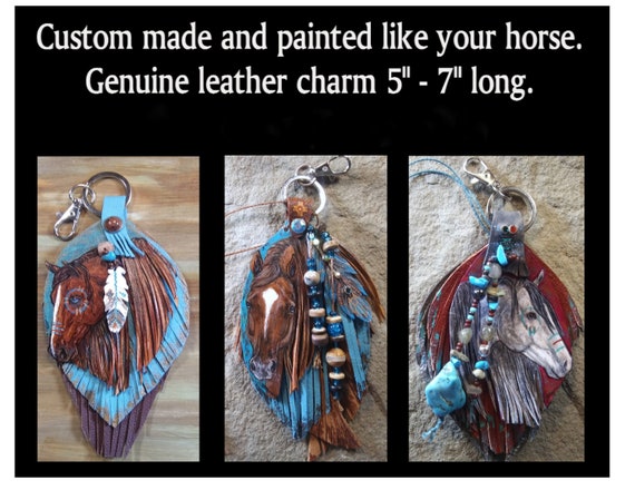 Artist original custom made genuine leather feather charm with painted art of your horse | western bag art charm | leather horse key ring