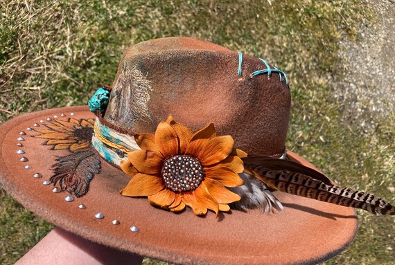 Painted horse fine art fedora style western felt hat with leather sunflower and rhinestones custom band embellishment