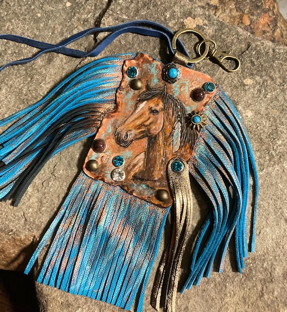Painted wild horse fine art leather blinged playing card fringed western bag hanging charm / handmade leather western art embellishment