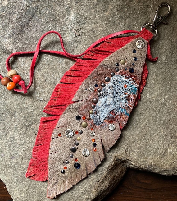 Ready to ship painted horse art on hair on hide leather feather / western leather bag embellishment / rhinestones and leather cowgirl bling
