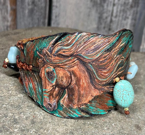 Genuine Leather Horse Art Cuff Bracelet: Southwestern Bling Western Jewelry