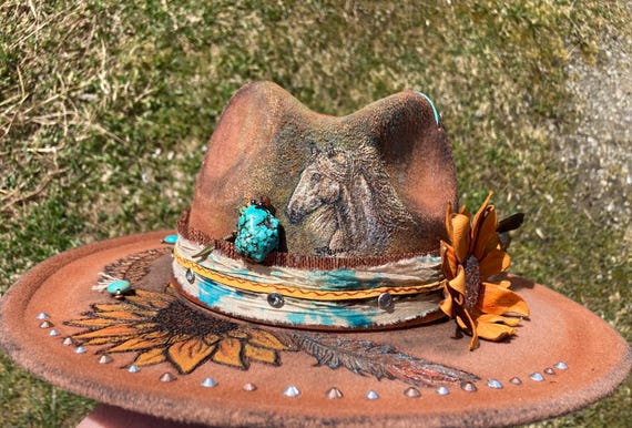 Painted horse fine art fedora style western felt hat with leather sunflower and rhinestones custom band embellishment