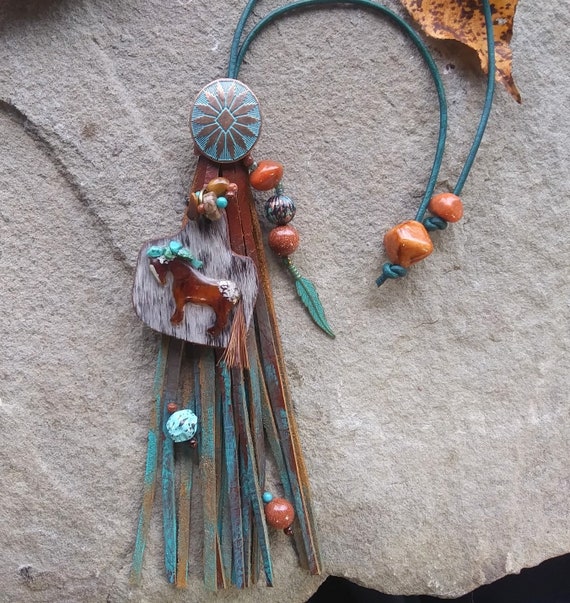Genuine leather tassel with western horse ear tag charm | Southwestern bag charm | resin horse art | Boho bag art | Cowgirl accessories