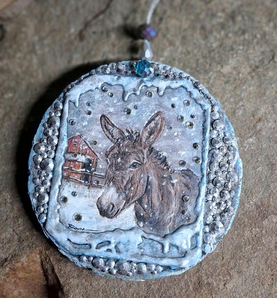 Rustic wood painted Donkey art Ornament