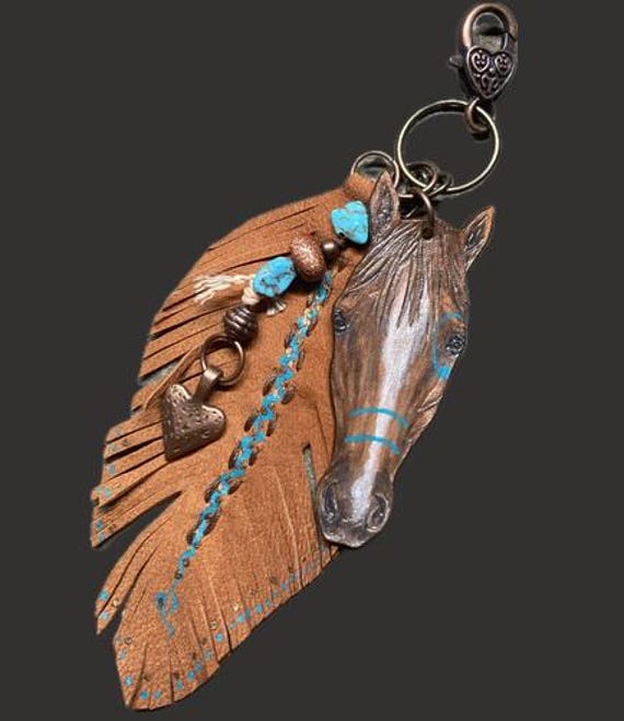 Custom made painted leather horse head to look like your horse equestrian art key ring or hanging charm optional embellishments