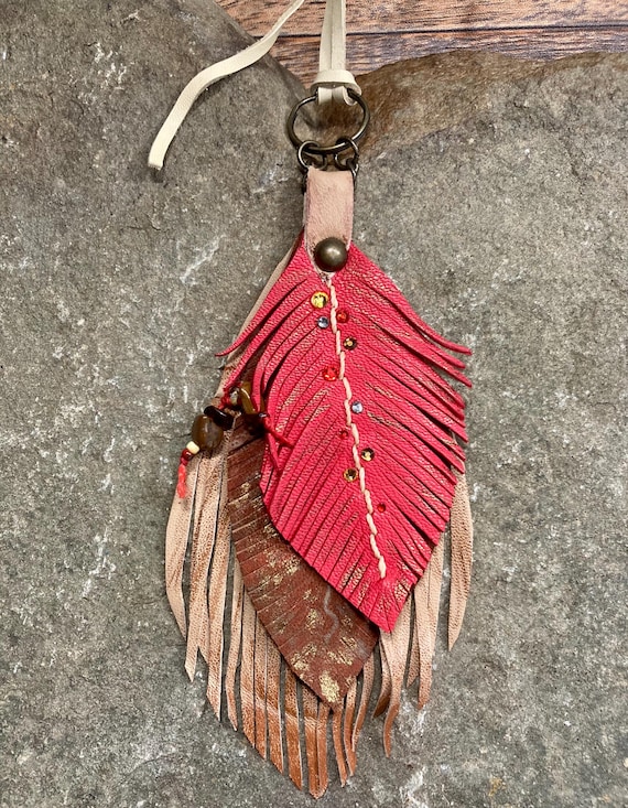 Genuine leather feather bag art keychains