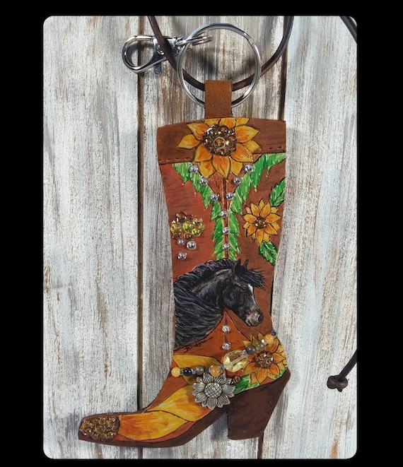 Western leather purse bag charm | Leather cowgirl boot painted horse art | southwestern art | western bag tag saddle charm | painted horse