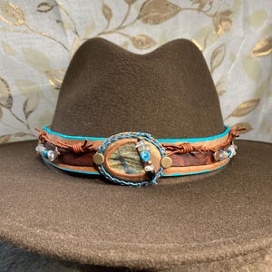 Ready to ship leather western cowboy hat band / cowgirl hat embellishment / Labradorite and leather hat band art / Leather hat embellishment