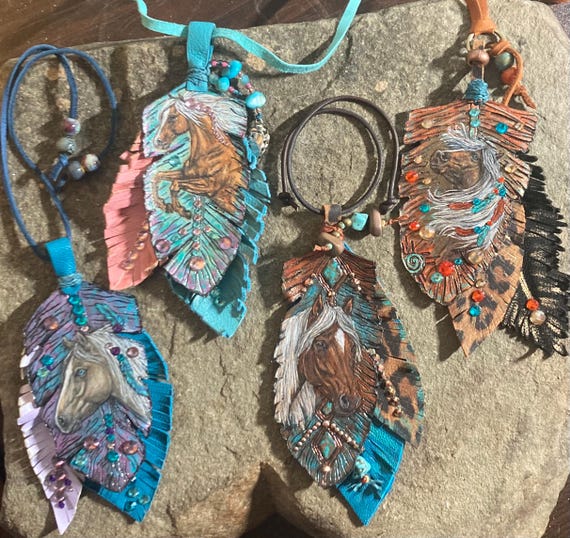 Custom Painted Made to Order Leather Horse Feather Charm
